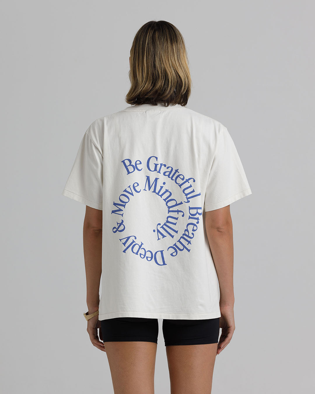 Move Mindfully T-Shirt – Cream / Royal Blue Tees by Prae Wellness - Prae Store