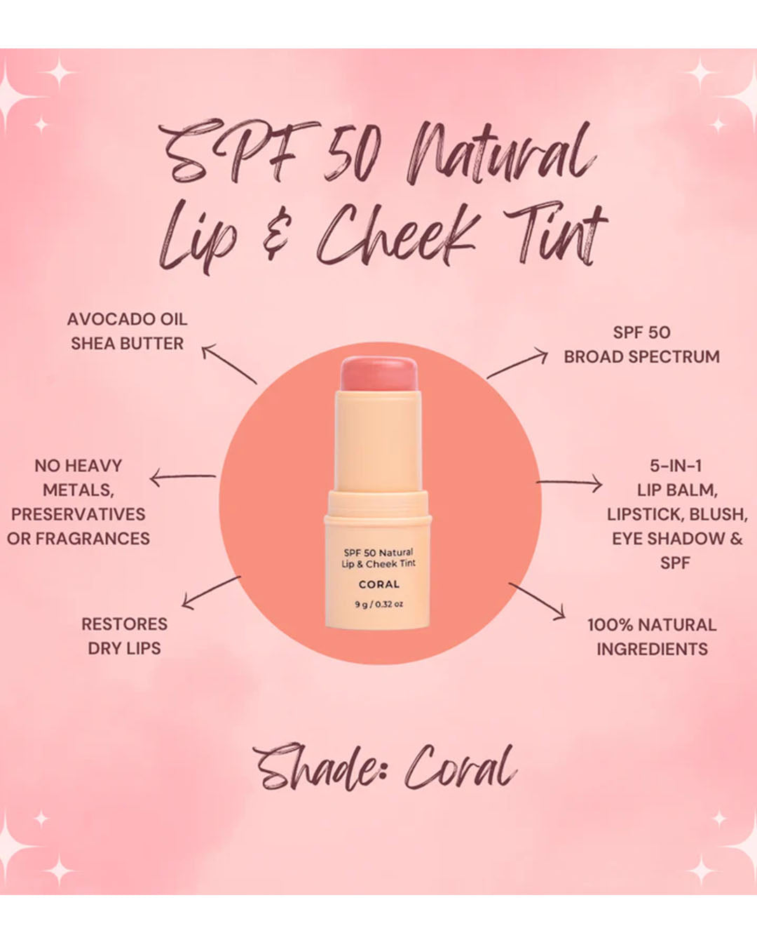 SPF 50 Natural Lip &amp; Cheek Tint - Coral Sun Cream by Avocado Zinc - Prae Store