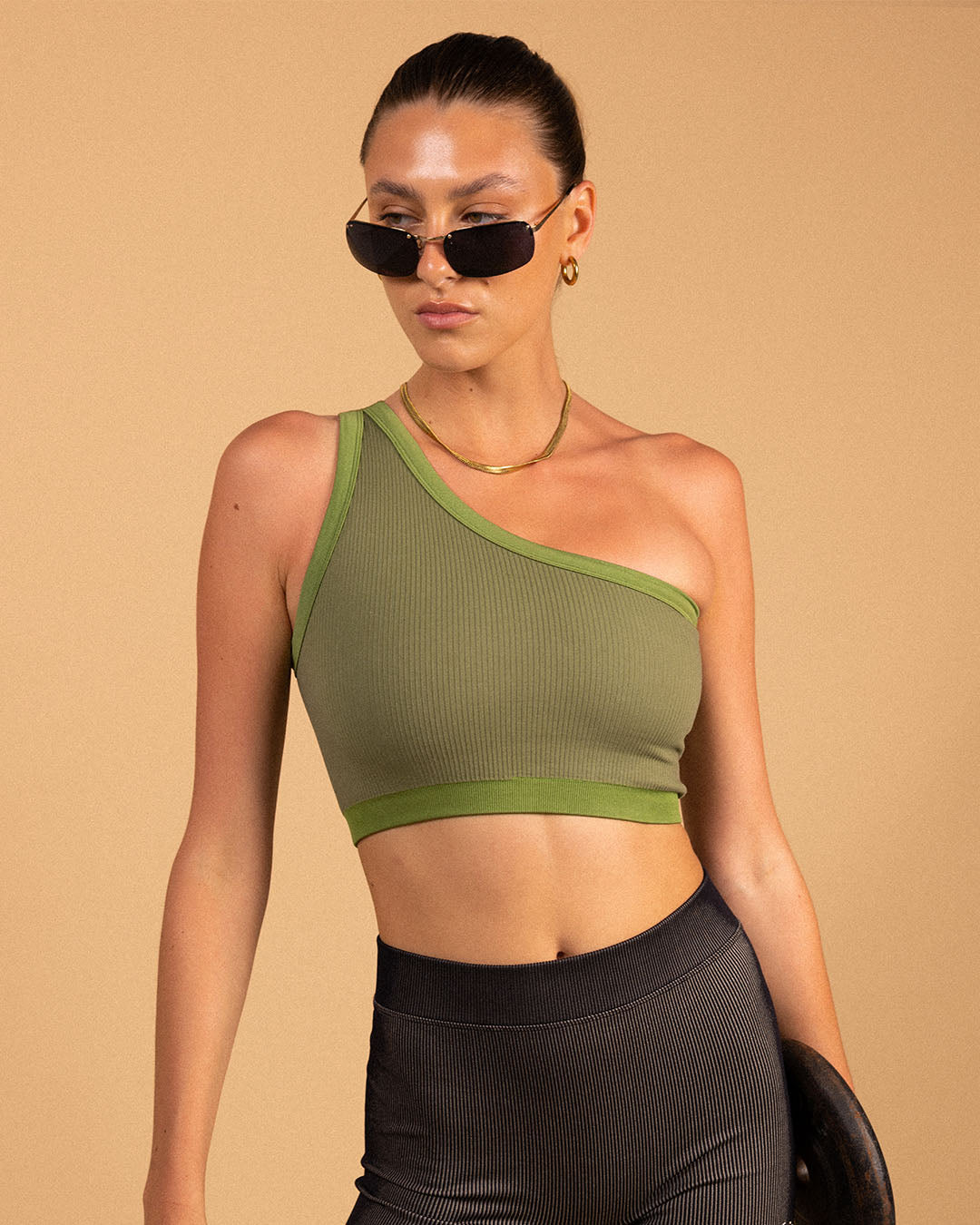 One Shoulder Bodice Crop - Green Moss Rib Activewear by Pinky & Kamal - Prae Store